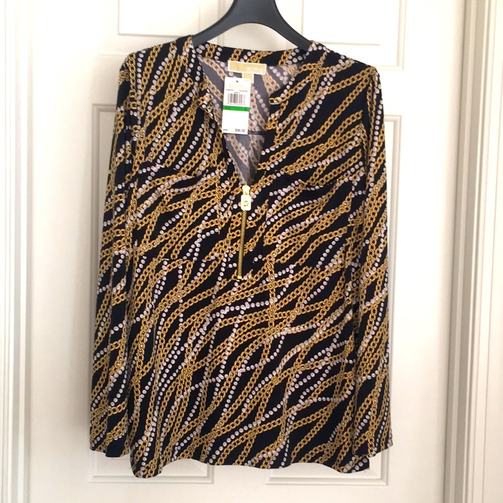 Michael Kors Top Size L Black Gold White Chains Gold Hardware Long Sleeves NWT
